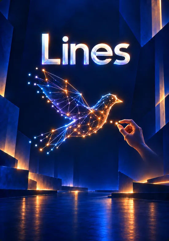 Lines promotional artwork showing a glowing bird made of connected points and a hand reaching toward it in a blue geometric environment