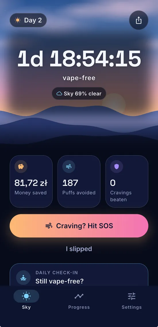 NoHit app showing vape-free time, money saved, puffs avoided and a craving support action