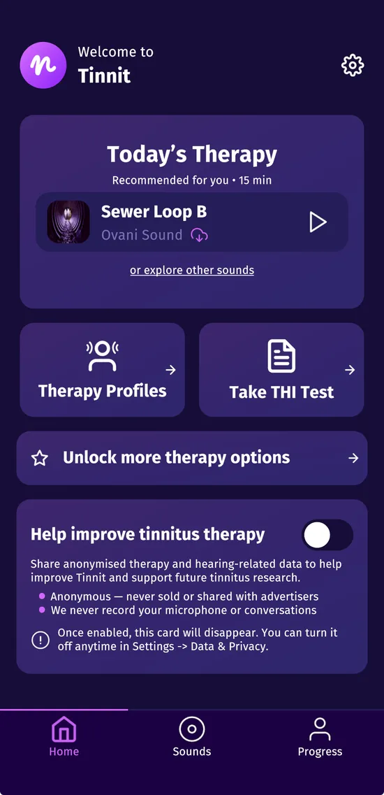 Tinnit app home screen showing today's therapy and links to therapy profiles and hearing test